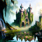 Mystical overgrown castle in tranquil forest with reflection in serene pond