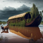 Overgrown boat with trees on tranquil lake, moose in water