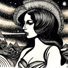 Illustrated woman with cosmic hat, smoking, mountain landscape, celestial background