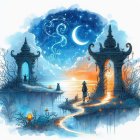 Fantastical landscape at dusk with glowing pathway and crescent moon