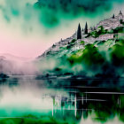 Misty landscape with hilltop castle and lake reflection