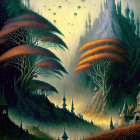 Mystical forest with vibrant orange foliage and castle silhouettes