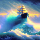 Surreal painting: tall ships on towering waves under dramatic sky