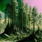 Vibrant surreal forest landscape with conical structures and pink sky