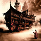 Robed figure in mystical scene with wagons and exotic architecture.