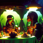 Ancient Egyptian-themed stylized figures at table under green light