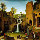 Renaissance painting of biblical scene with figures near waterfall