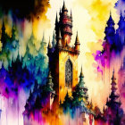 Colorful Watercolor Painting of Fantastical Castle with Dripping Ink Effects