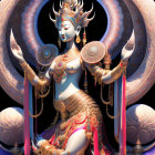 Vibrant digital art: multi-armed deity with ornate jewelry & intricate circular patterns