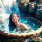 Blue Floral Headpiece Floating Woman in Sunlit Stone Pool