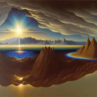 Surreal landscape featuring radiant star, mountains, valleys, clouds, and cosmic elements