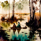 Tranquil lake scene with two people on a dock