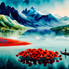 Tranquil landscape with lake, mountains, poppy field, and sunrise