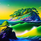 Lush terraced island with pagoda in vibrant artwork