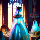 Traditional bridal scene figurines in warmly lit banquet hall