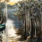 Tranquil river scene with wooden boat, forest, water lilies, and sunset.