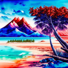 Surreal landscape with blue mountains, palm trees, and multicolored water