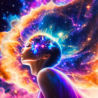 Surreal portrait of woman with luminous halo and cosmic backdrop