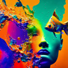 Colorful digital artwork: Woman's face, goldfish, liquid splash, orange-blue gradient