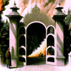 Cloaked figure at ornate gate in courtyard with fire and traditional buildings.
