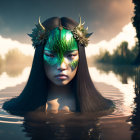 Woman in green masquerade mask submerged in water with reflective lake.