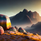 Vibrant surreal landscape with colorful boulders and mountains