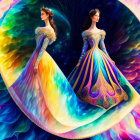 Colorful digital artwork: Three women in ornate dresses against fiery backdrop