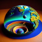 Colorful 3D fractal art: Helmet design with landscapes, sky, and celestial bodies on