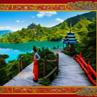 Traditional Chinese Pagoda by Turquoise Lake Surrounded by Green Mountains