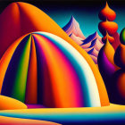 Vibrant surreal landscape with rainbow-striped hills and stylized trees