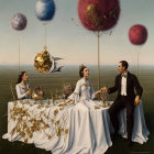 Surreal painting of three people at a golden table with floating shapes and birds