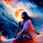 Woman with staff in fiery dress against red moon backdrop