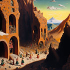 Vibrant surreal landscape with ornate buildings, figures in cloaks, sandy terrain, snowy mountains