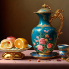 Blue porcelain pitcher, bowl with fruits, golden candlestick, blue cup still life.