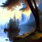 Surreal landscape: towering cliffs, calm lake, pine tree islands, small boat.