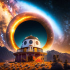 Surreal landscape featuring observatory, starry sky, Saturn-like celestial body, mountains, and