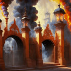 Vintage-dressed person at fiery gate in smoky, golden environment