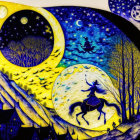 Contrasting scene with yellow crescent, bright sky, blue night, stars, horse rider, flying