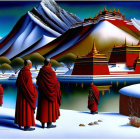 Monks in Red Robes in Snowy Tibetan Landscape