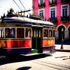 Vintage Tram with Gold and Purple Detailing in Bright Sunlight