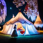 Person in white dress under moonlit sky with illuminated tent and cherry blossom trees