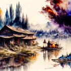 Asian Pagoda Buildings by Water with Boats and Colorful Trees