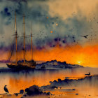 Sailboats and birds against orange twilight sky at water's edge