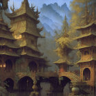 Asian-style Pagoda Buildings in Golden Autumn Scene under Blue Moon