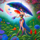 Mythical Figure in Enchanted Forest with Umbrella