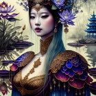 Illustrated woman with blue hair and mystical pagoda in misty background