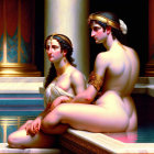 Digital painting of two women in classical attire by indoor pool