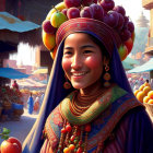 Smiling woman with headscarf carries fruits in vibrant marketplace