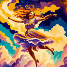 Colorful illustration: Joyful woman dancing in the air among whimsical clouds