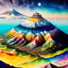 Colorful Mountain Range Painting with Serene Sky & Textured Details